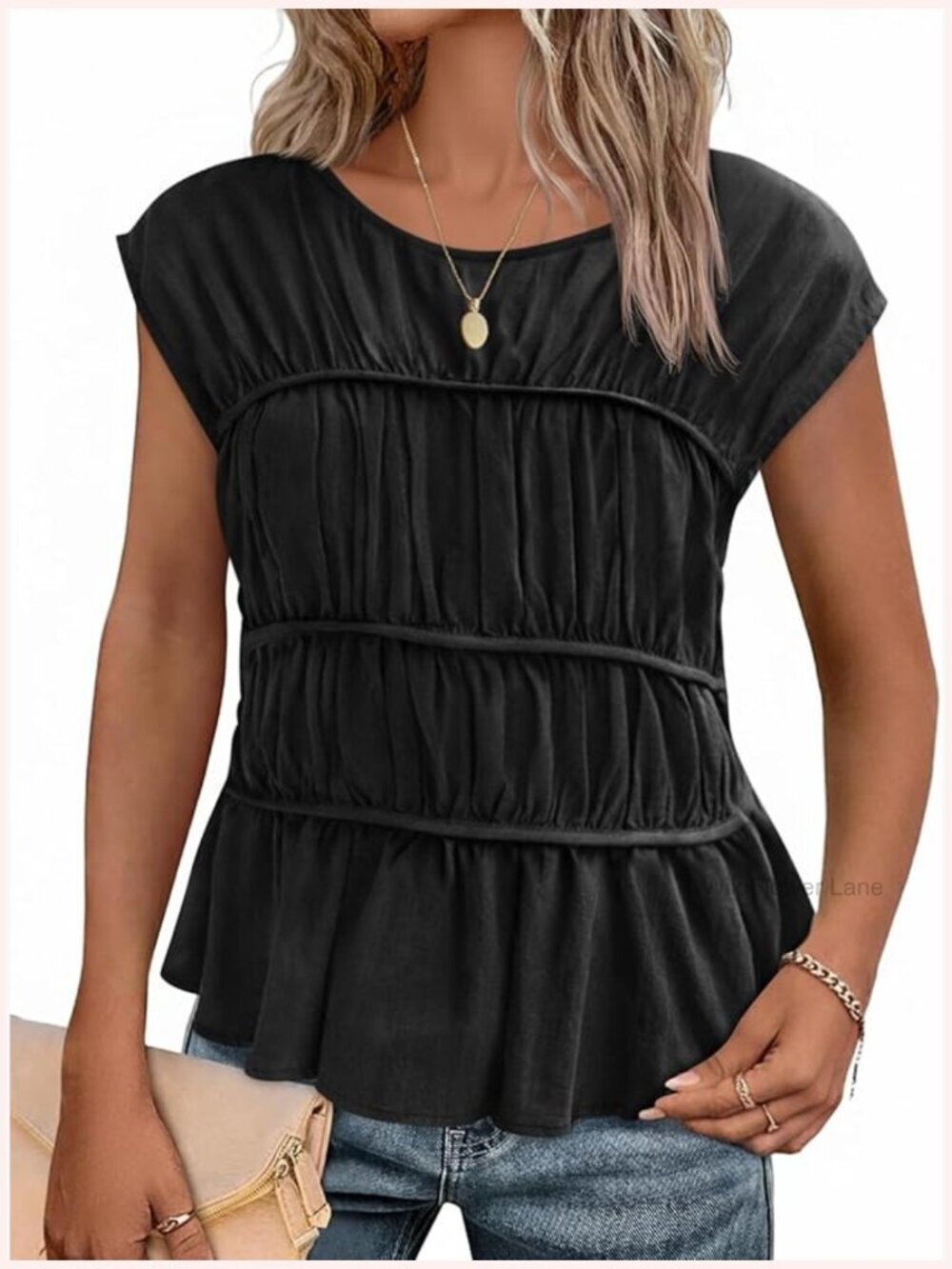 Cap Sleeve Peplum Tank Top Smocked Cotton Crew Neck Blouse